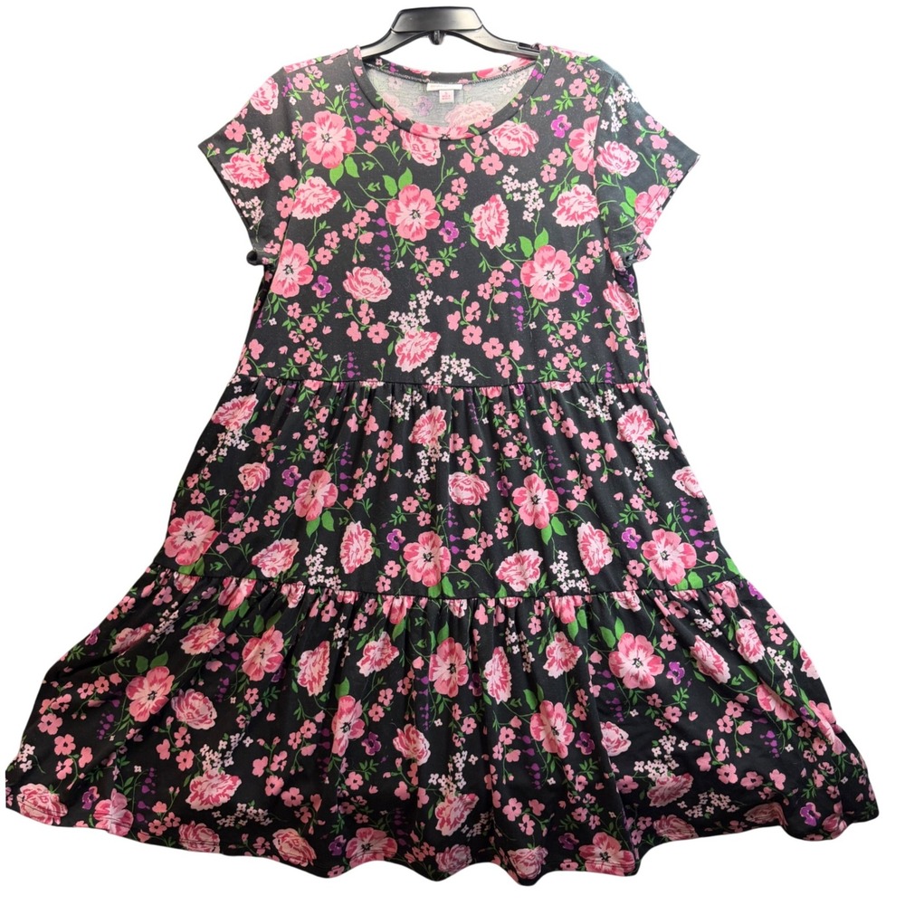 LuLaRoe Dress Womens Small Black Pink Floral Tiered Babydoll Short Sleeve Pocket